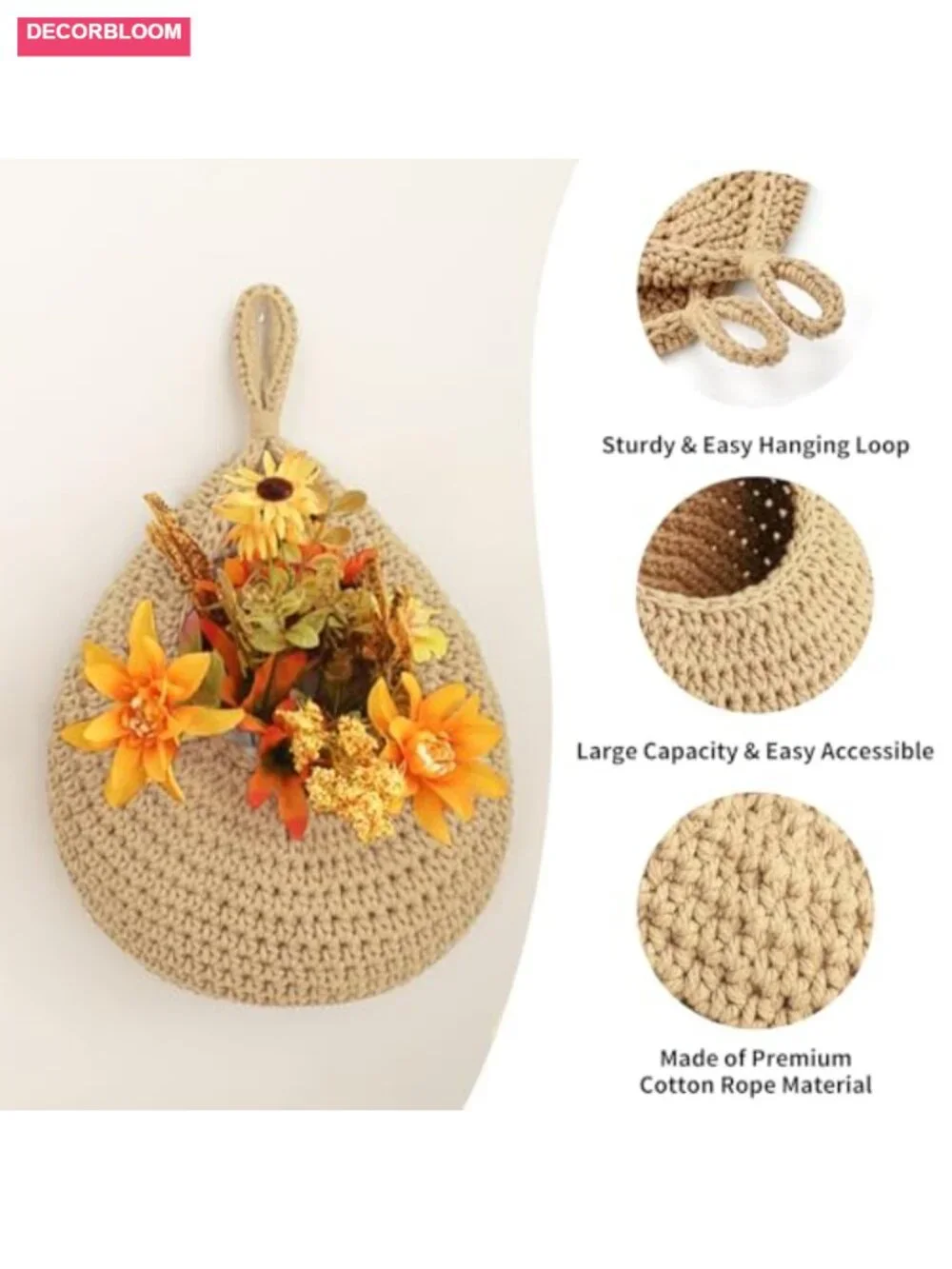 Boho Cotton Rope Hanging Fruit Baskets 3-Pack with Hooks Kitchen Storage